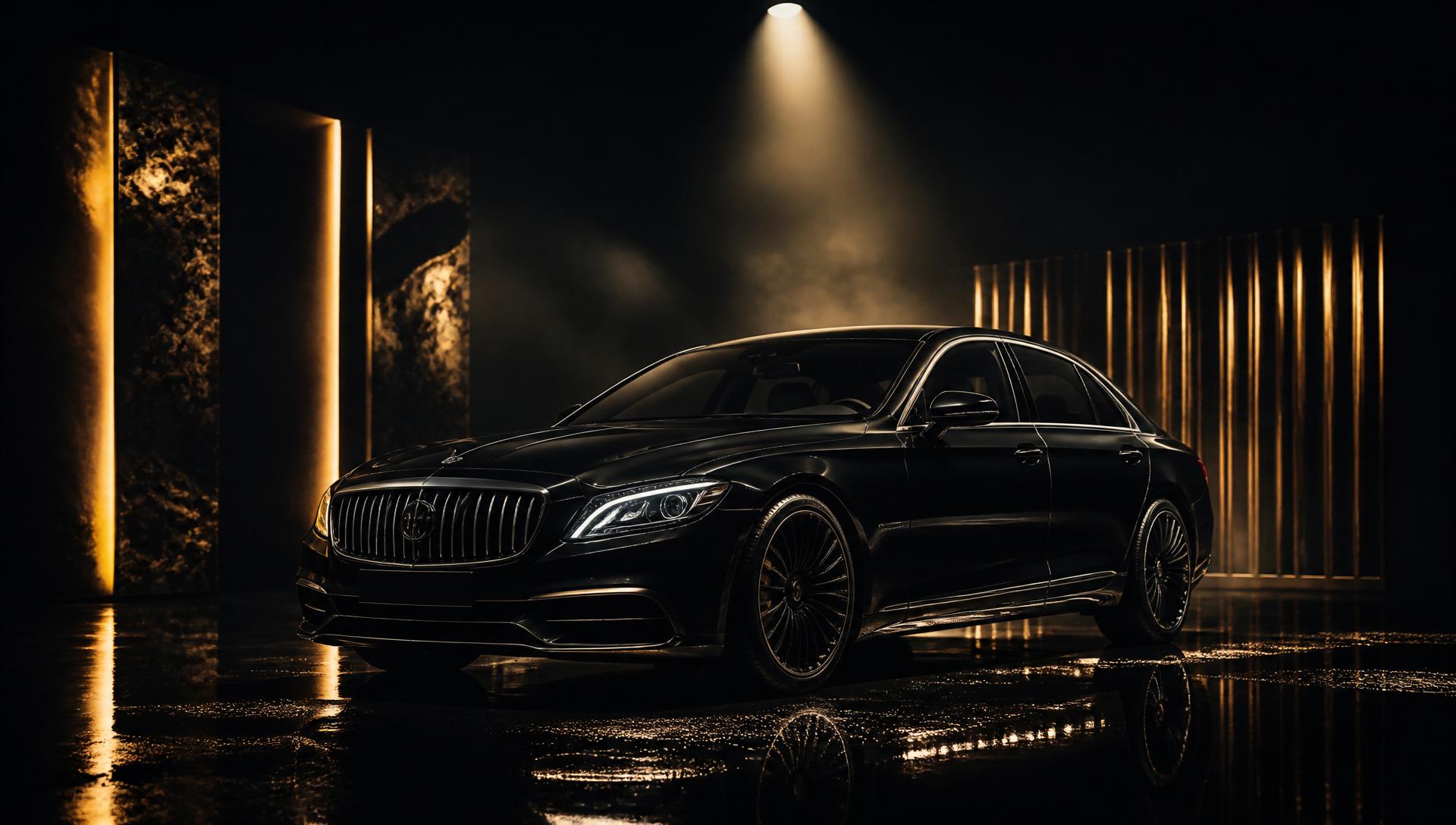 Luxury car under gold spotlight